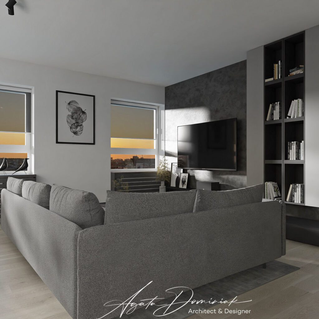 Duża szara sofa narożna w salonie