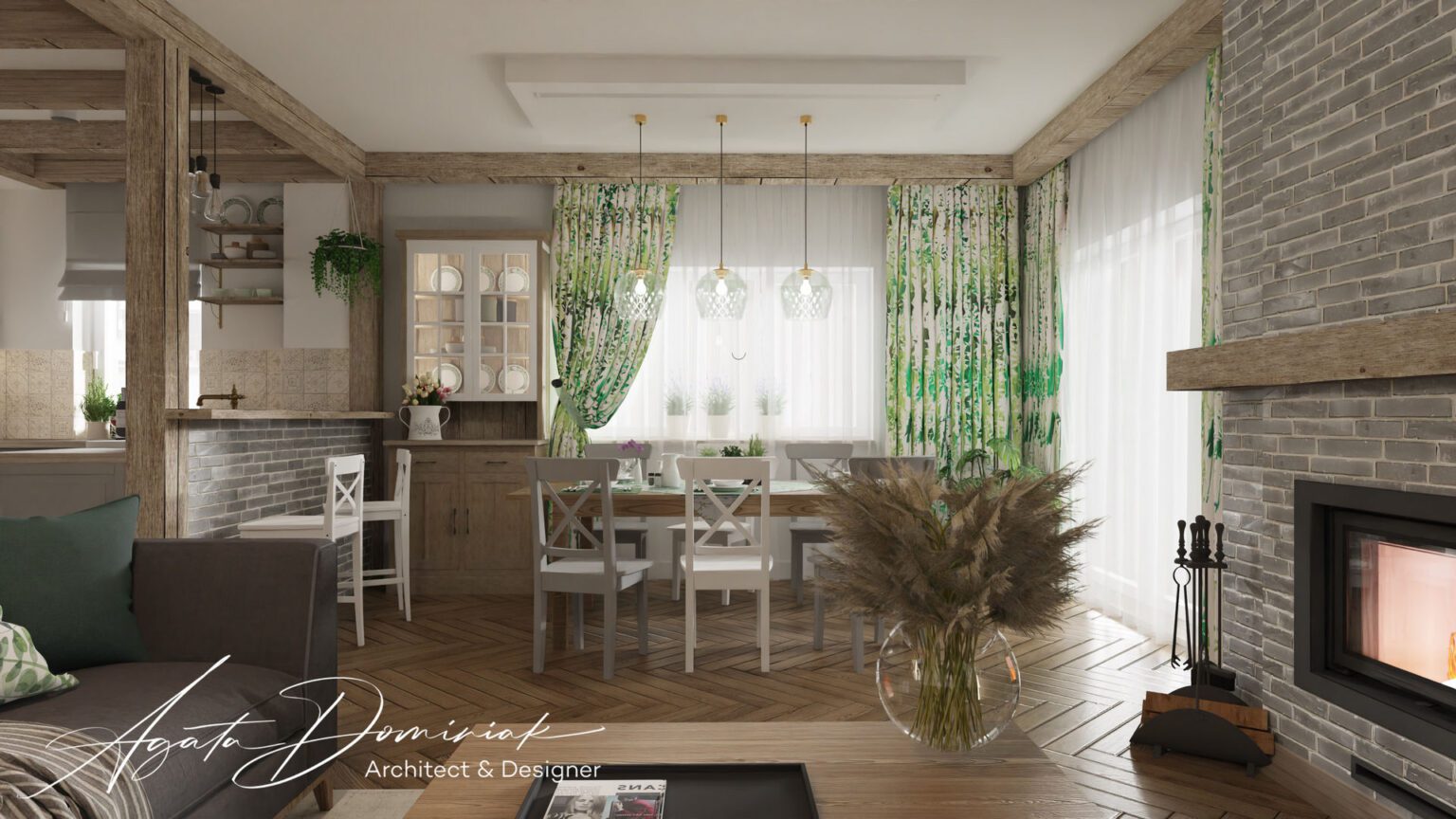 Dom prywatny pod Wrocławiem_salon z kominkiem widok 2